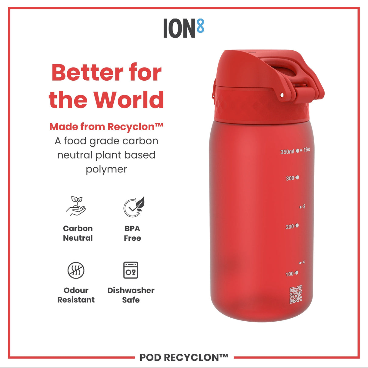 ION8 Leak Proof Kids Water Bottle, Recyclon, Red, 350ml (12oz)