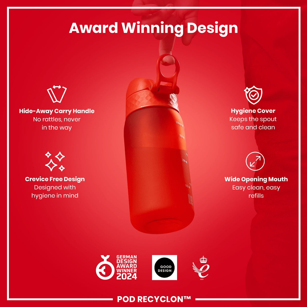 ION8 Leak Proof Kids Water Bottle, Recyclon, Red, 350ml (12oz)