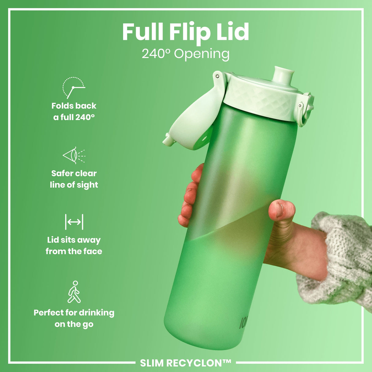 ION8 Leak Proof Slim Water Bottle, Recyclon, Surf Green, 500ml (18oz)