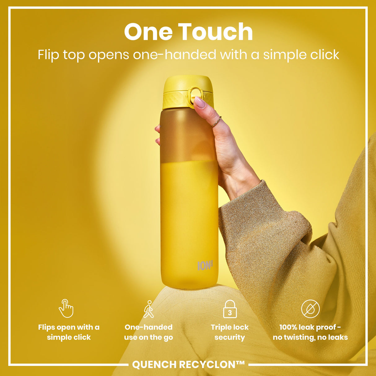 ION8 Leak Proof 1 litre Water Bottle, Recyclon, Yellow, 1L