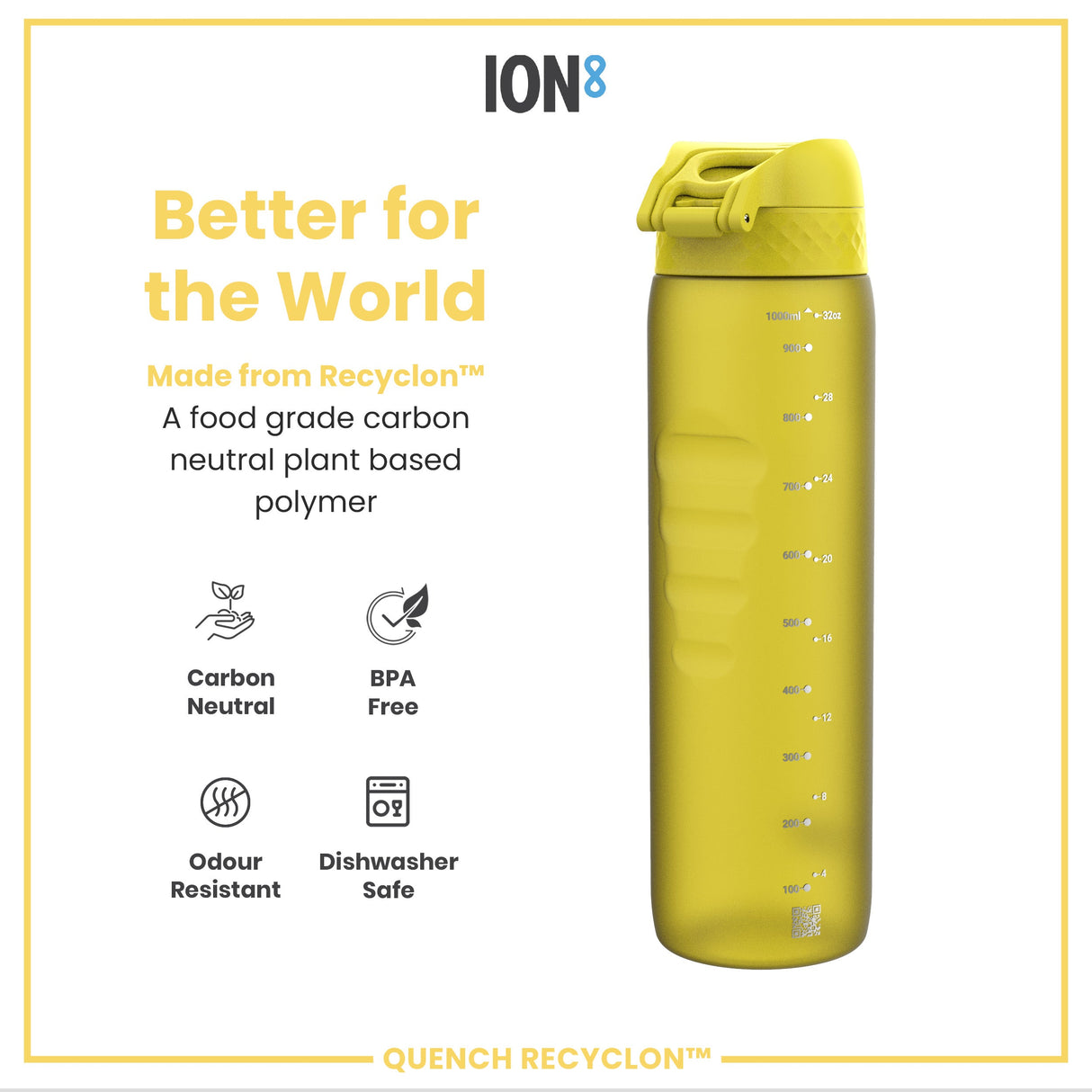 ION8 Leak Proof 1 litre Water Bottle, Recyclon, Yellow, 1L
