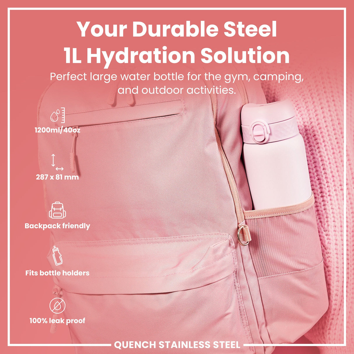 ION8 Leak Proof 1 Litre Water Bottle, Stainless Steel, Lilac Dusk, 1L