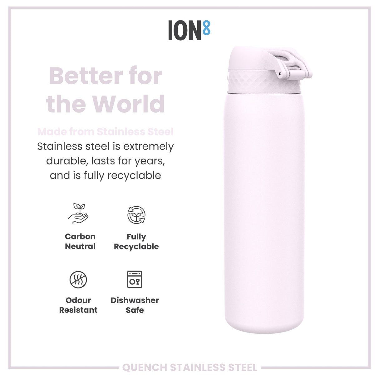 ION8 Leak Proof 1 Litre Water Bottle, Stainless Steel, Lilac Dusk, 1L