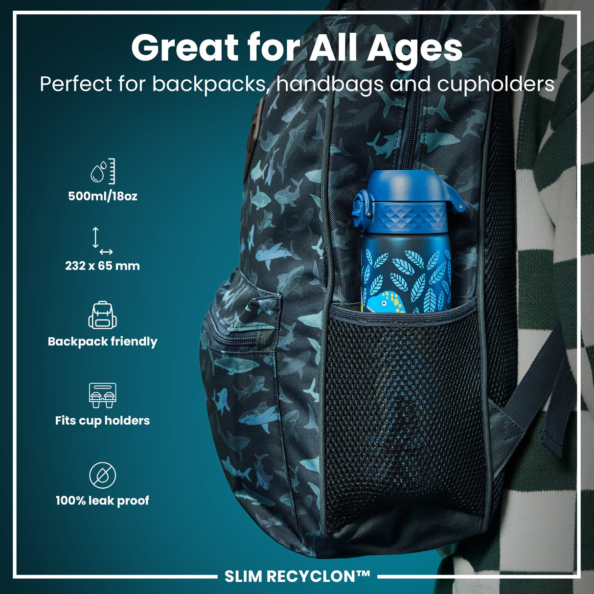 ION8 Leak Proof Slim Water Bottle, Recyclon, Dinosaurs, 500ml (18oz)