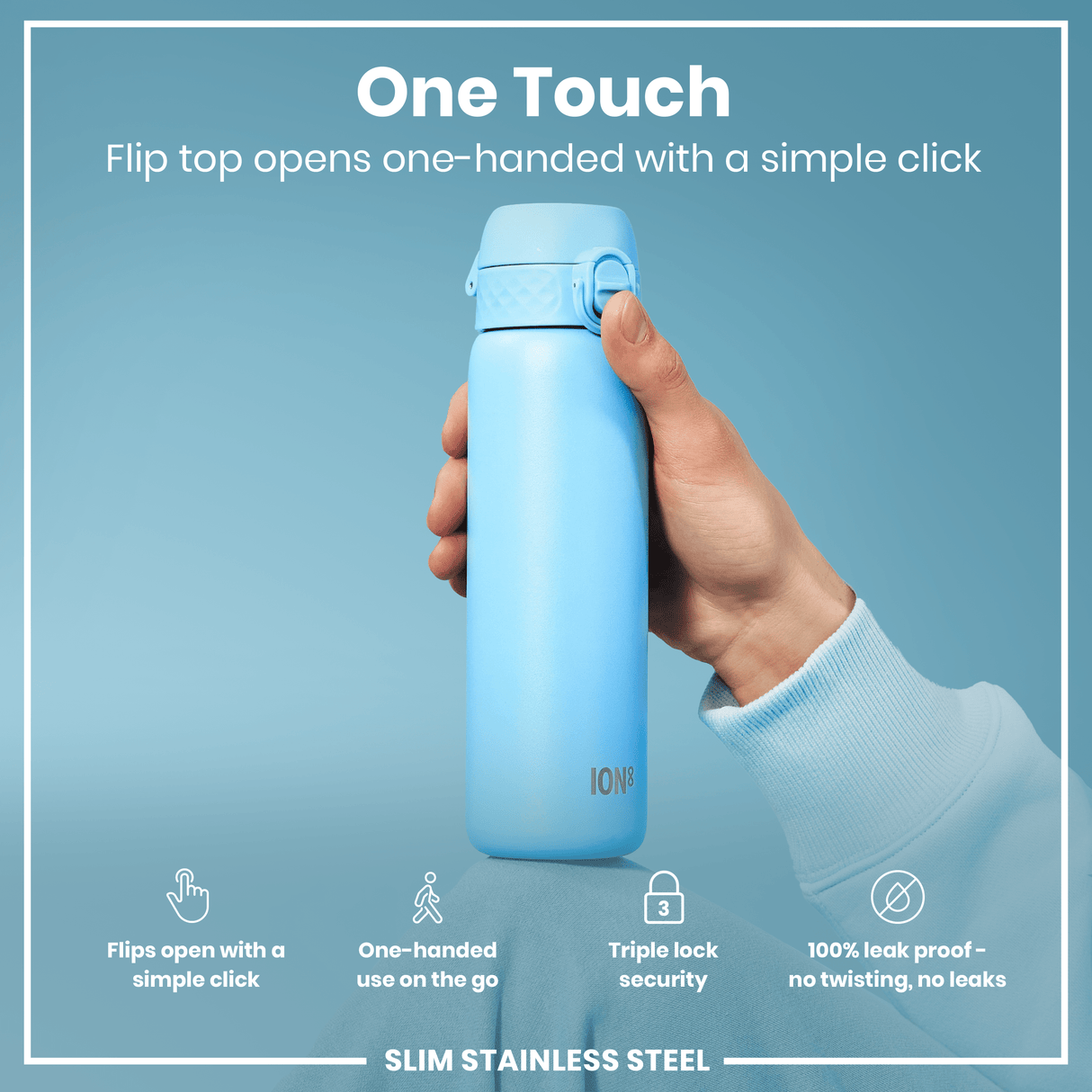 ION8 Leak Proof Slim Water Bottle, Stainless Steel, Alaskan Blue, 600ml (20oz)