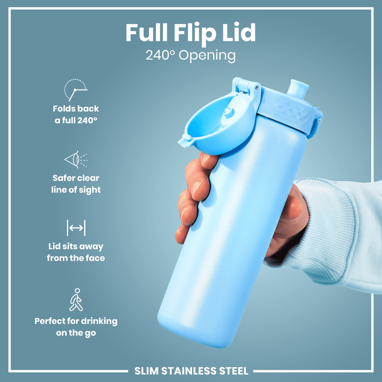 ION8 Leak Proof Slim Water Bottle, Stainless Steel, Alaskan Blue, 600ml (20oz)