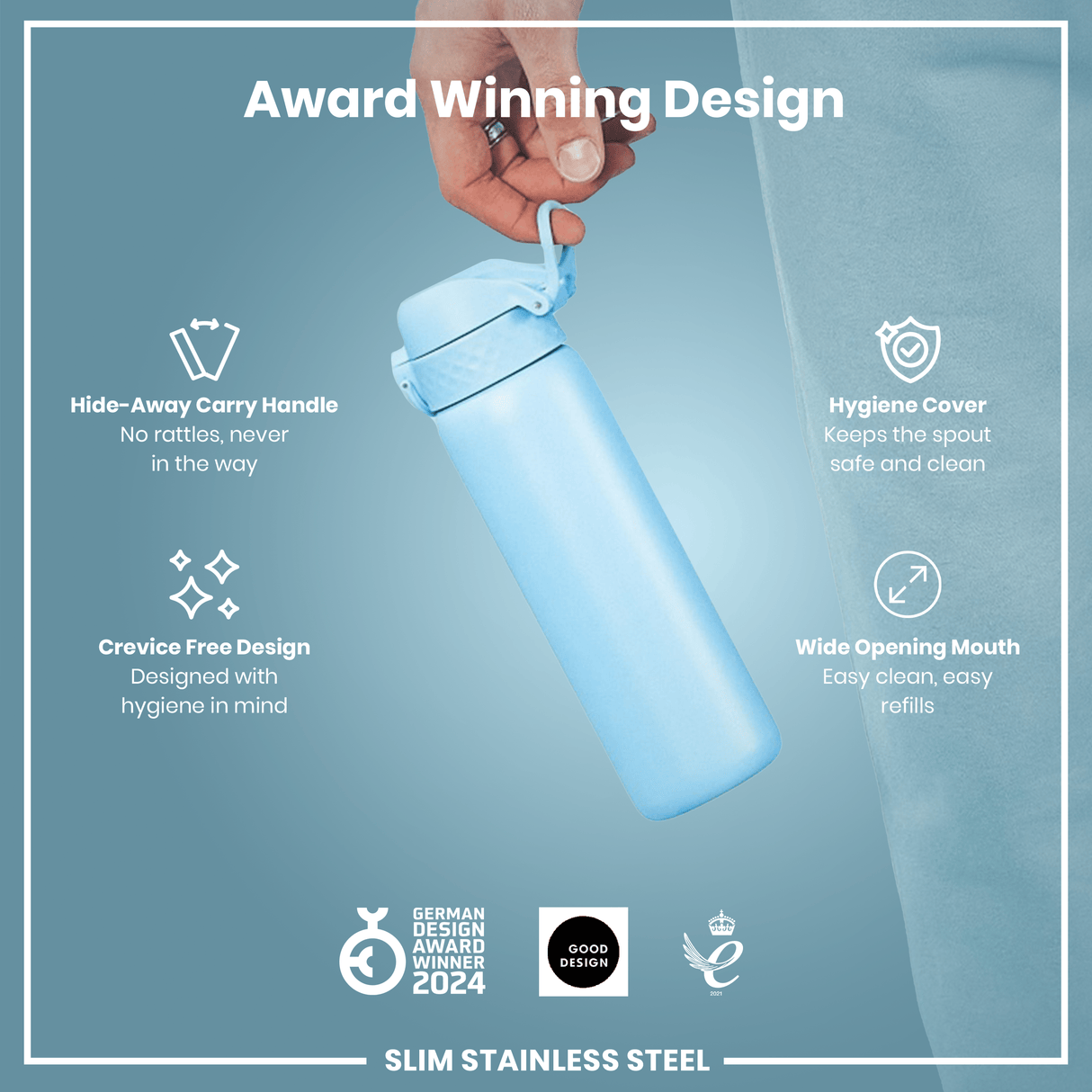 ION8 Leak Proof Slim Water Bottle, Stainless Steel, Alaskan Blue, 600ml (20oz)