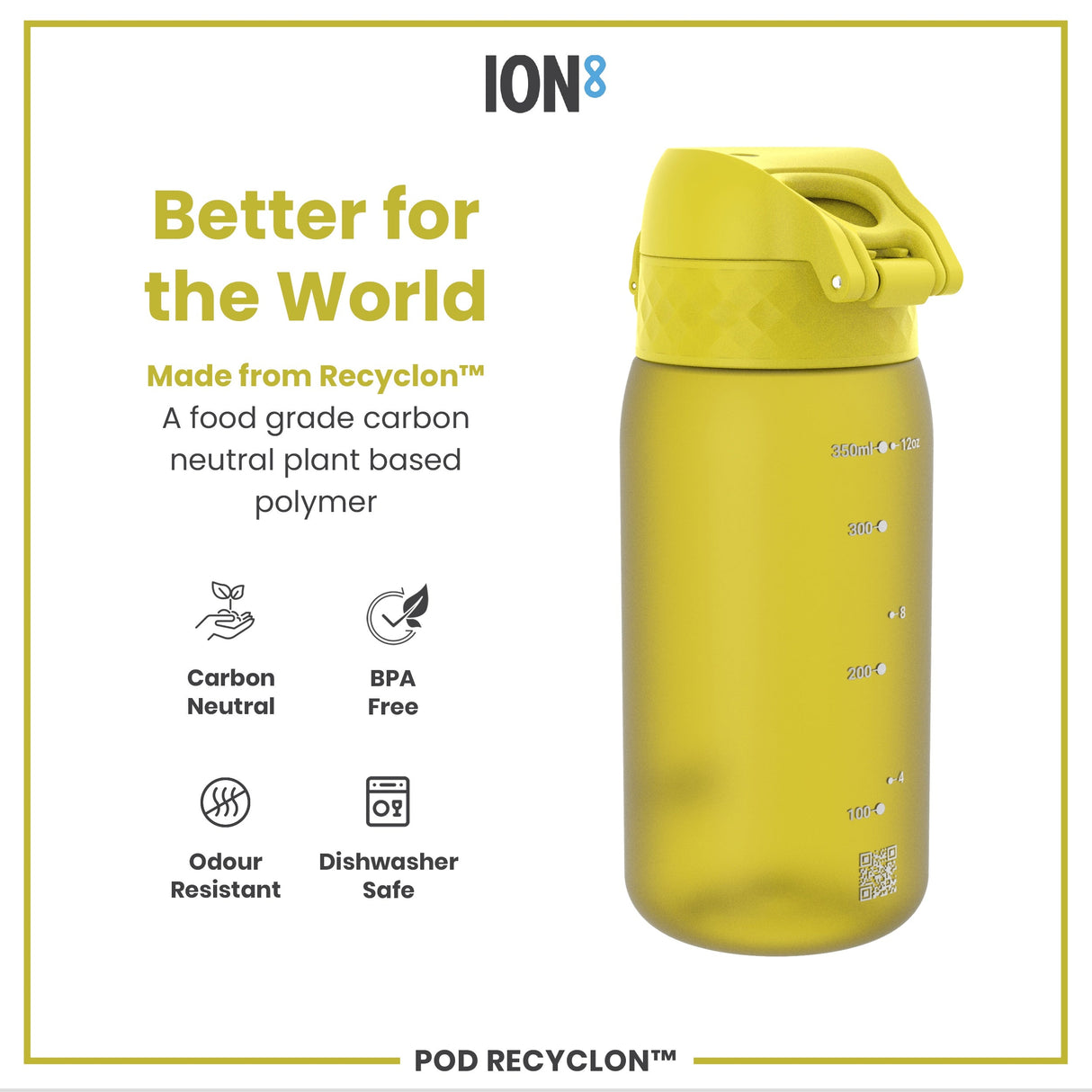 ION8 Leak Proof Kids Water Bottle, Recyclon, Yellow, 350ml (12oz)