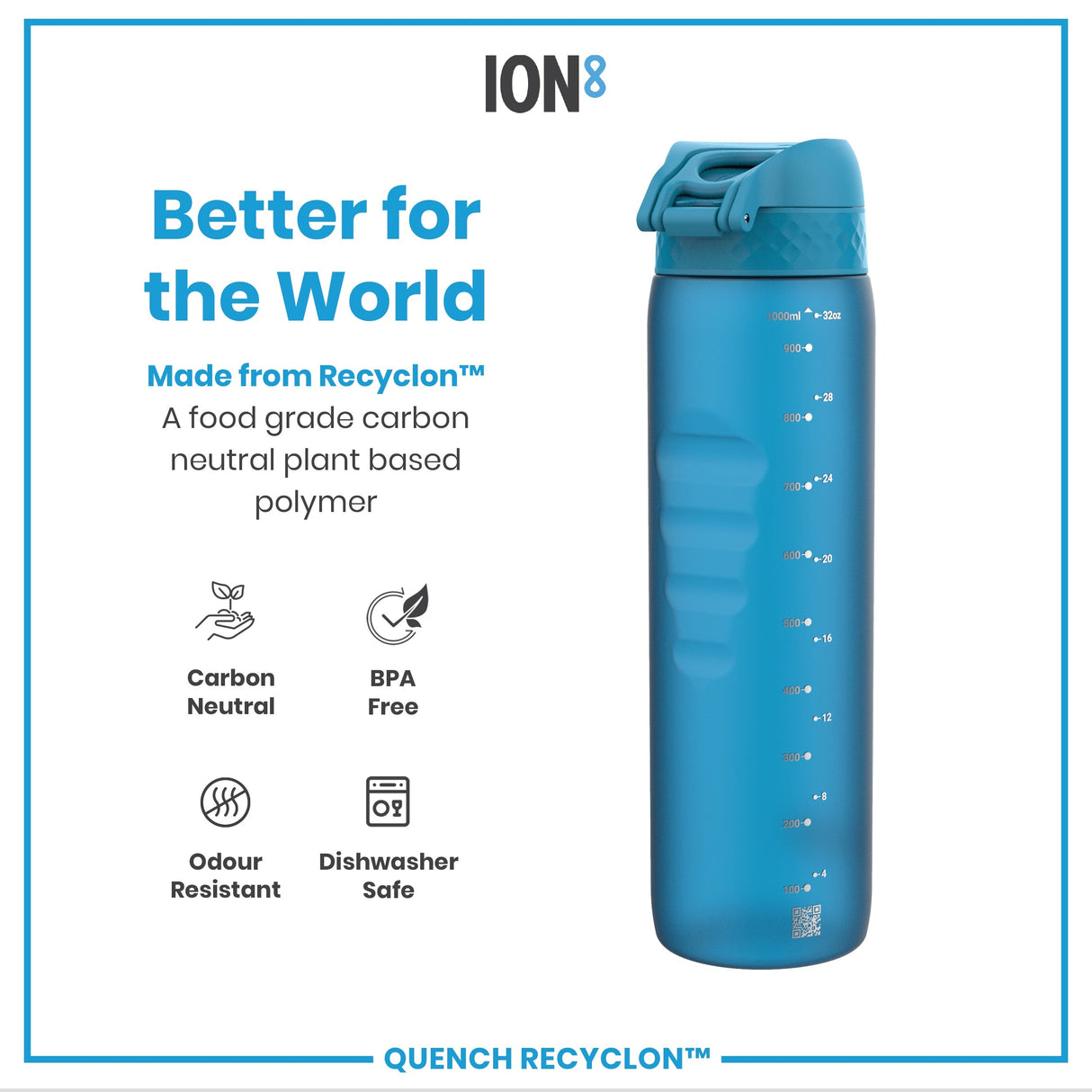 ION8 Leak Proof 1 litre Water Bottle, Recyclon, Blue, 1L