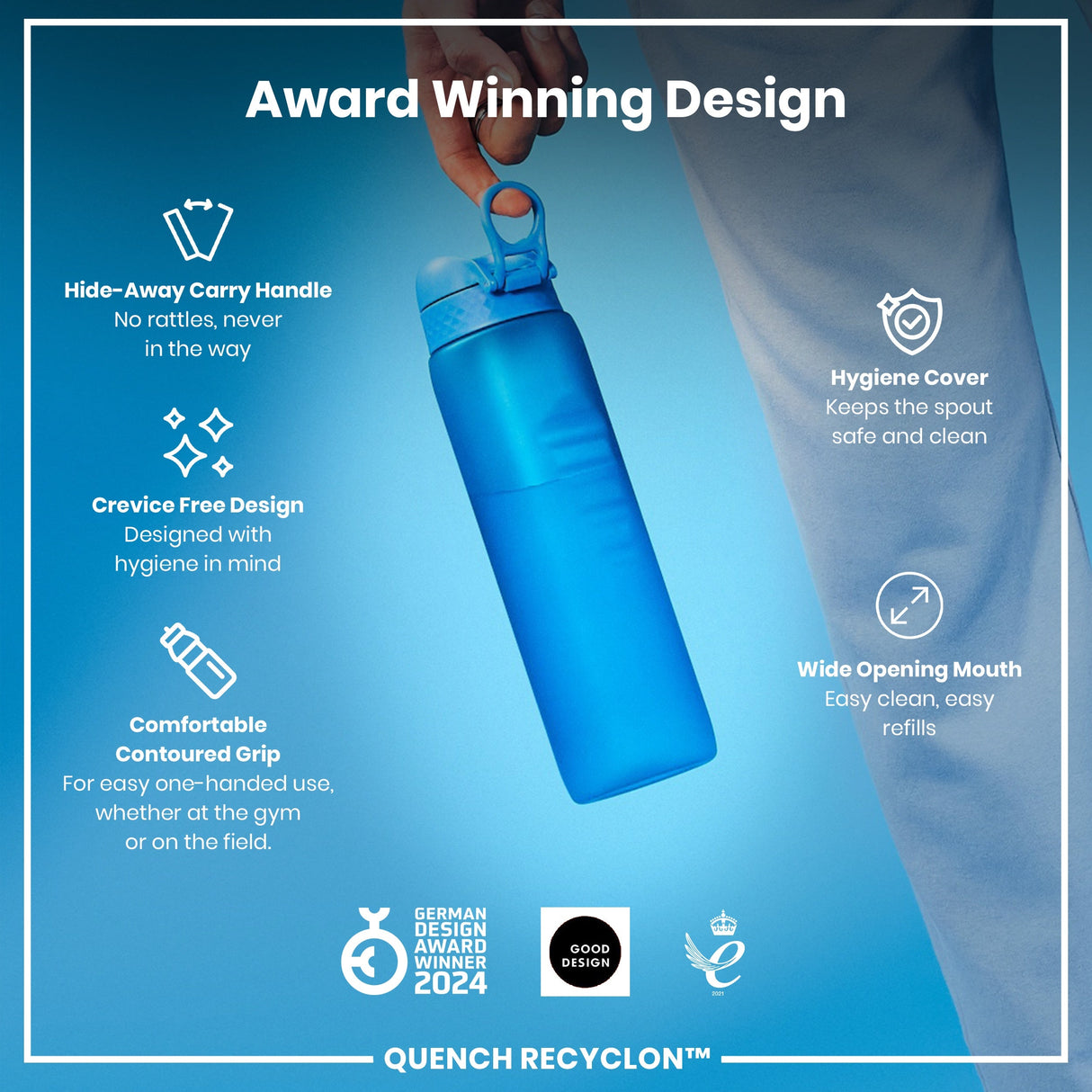 ION8 Leak Proof 1 litre Water Bottle, Recyclon, Blue, 1L