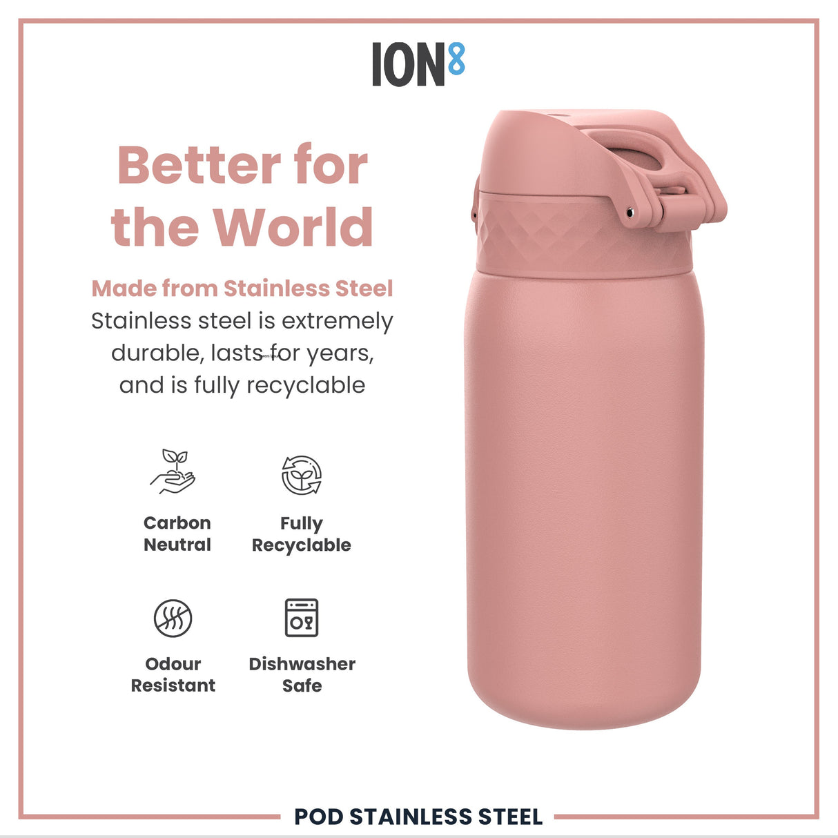 ION8 Leak Proof Kids Water Bottle, Stainless Steel, Ash Rose, 400ml (13oz)