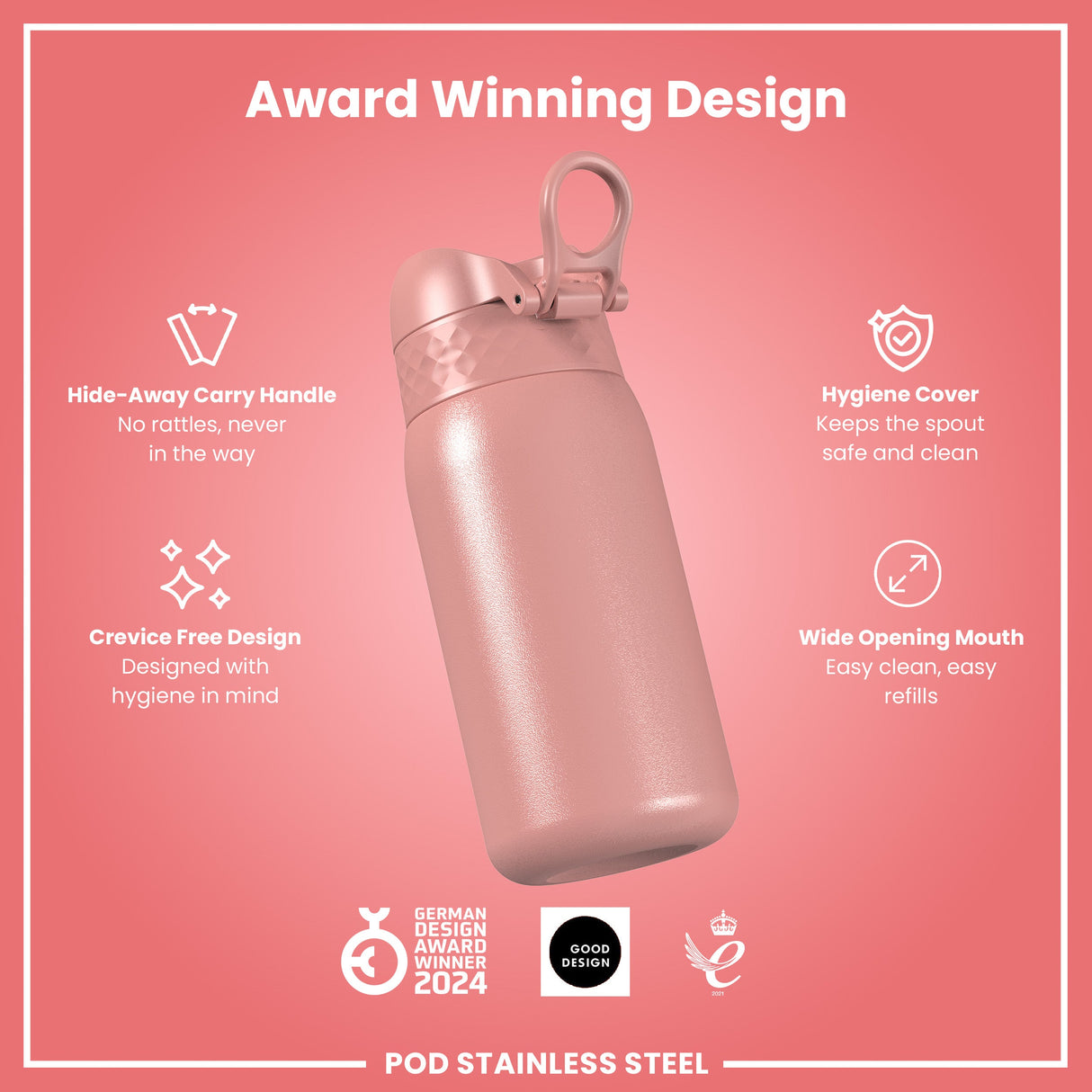 ION8 Leak Proof Kids Water Bottle, Stainless Steel, Ash Rose, 400ml (13oz)