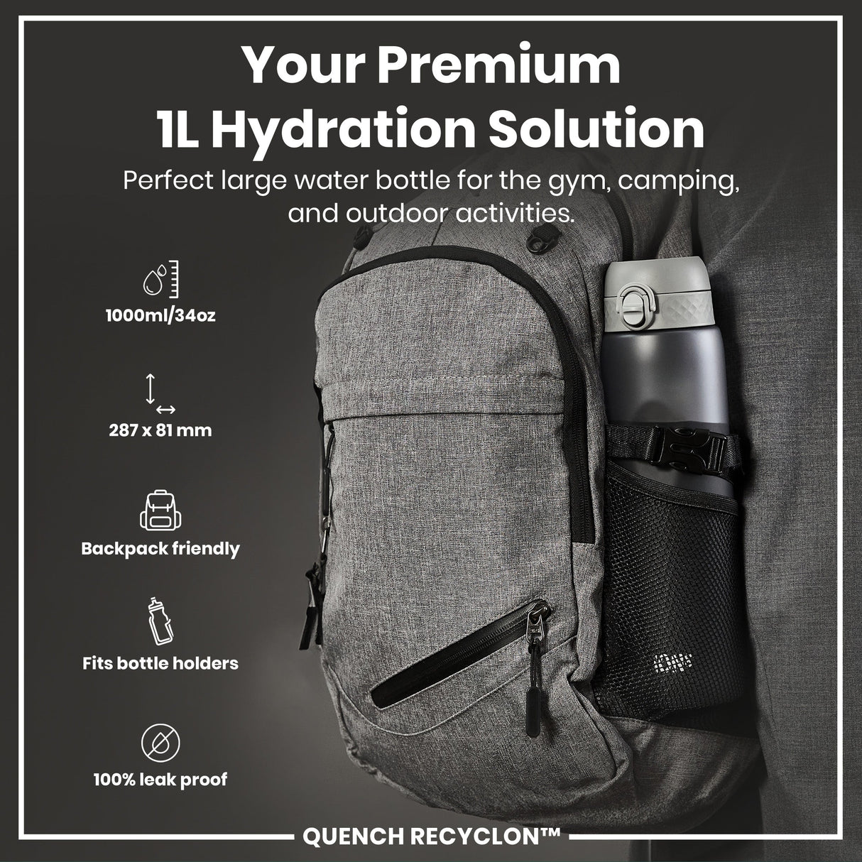 ION8 Leak Proof 1 litre Water Bottle, Recyclon, Grey, 1L
