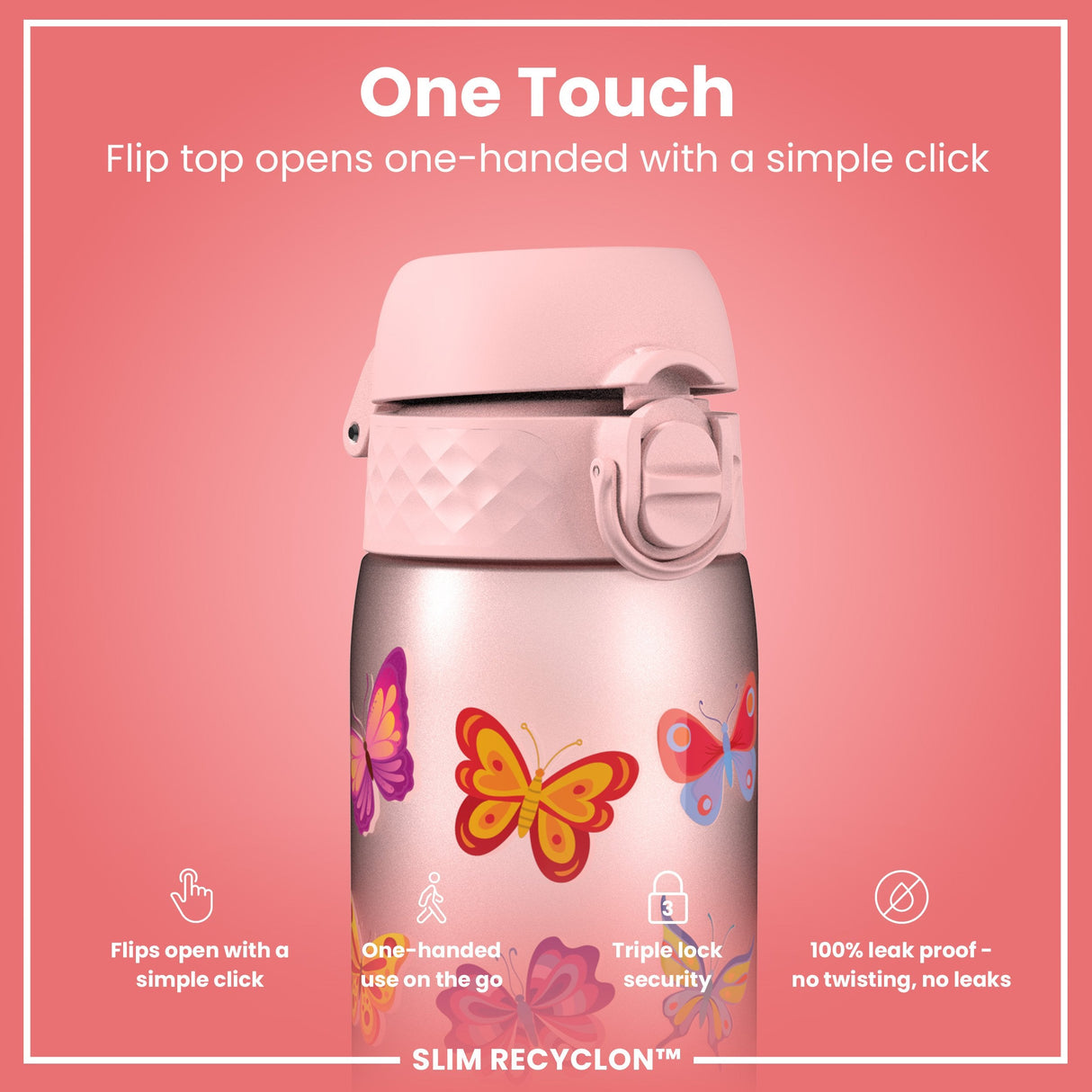 ION8 Leak Proof Slim Water Bottle, Recyclon, Butterfly, 500ml (18oz)
