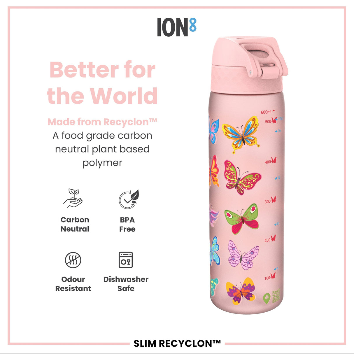 ION8 Leak Proof Slim Water Bottle, Recyclon, Butterfly, 500ml (18oz)