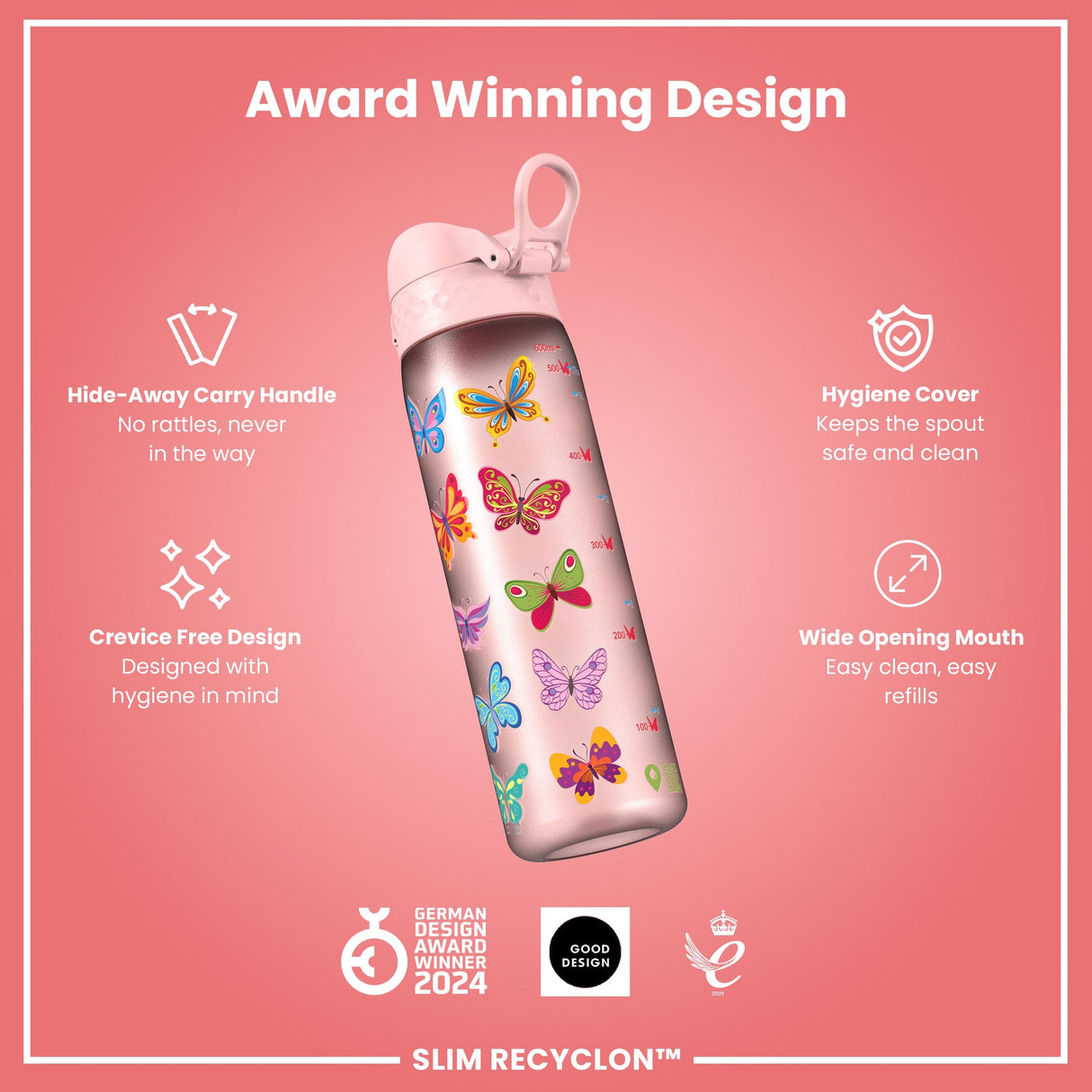 ION8 Leak Proof Slim Water Bottle, Recyclon, Butterfly, 500ml (18oz)