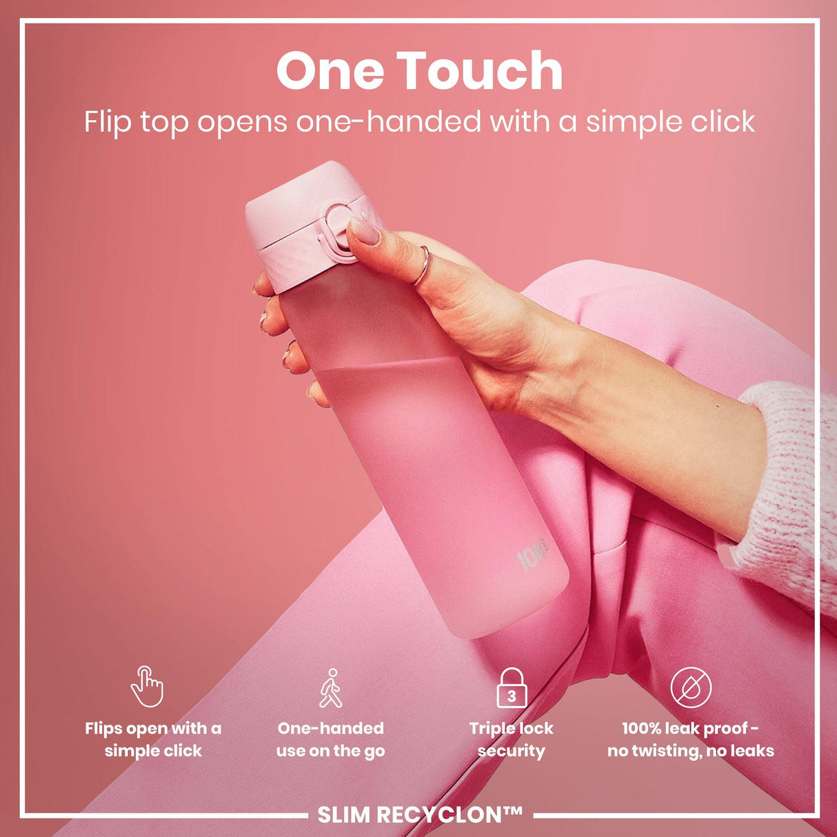ION8 Leak Proof Slim Water Bottle, Recyclon, Rose Quartz, 500ml (18oz)