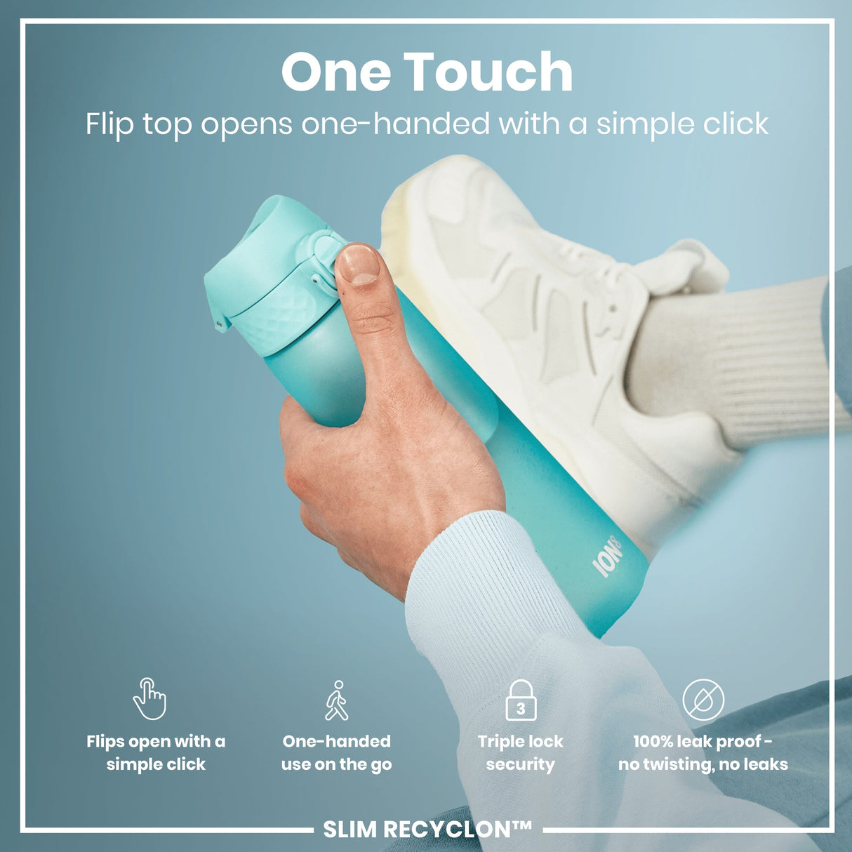 ION8 Leak Proof Slim Water Bottle, Recyclon, Sonic Blue, 500ml (18oz)