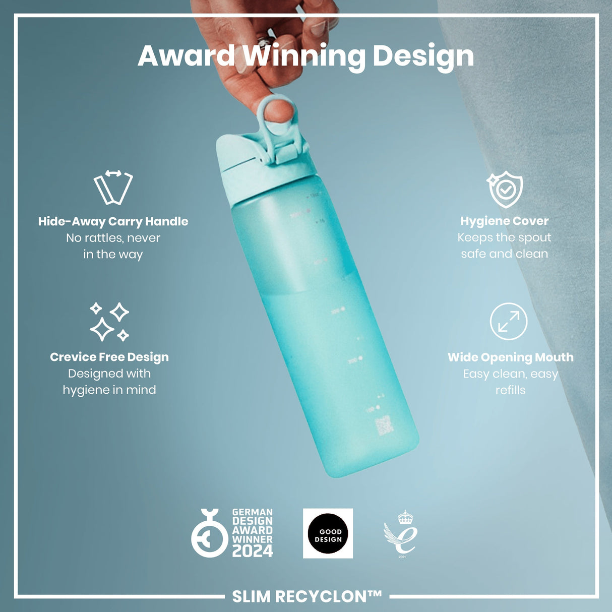 ION8 Leak Proof Slim Water Bottle, Recyclon, Sonic Blue, 500ml (18oz)