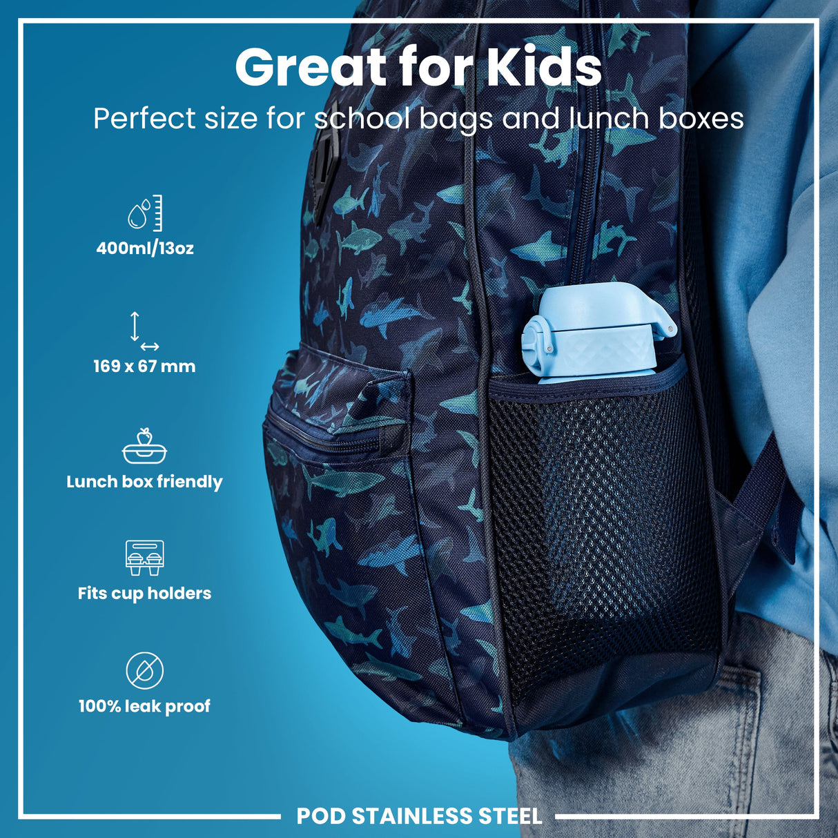 ION8 Leak Proof Kids Water Bottle, Stainless Steel, Alaskan Blue, 400ml (13oz)