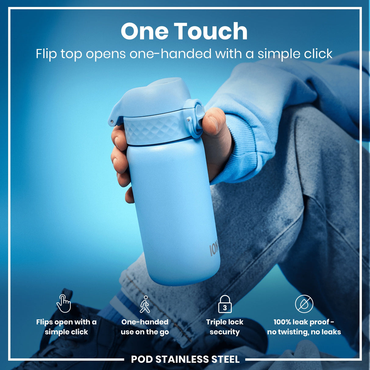 ION8 Leak Proof Kids Water Bottle, Stainless Steel, Alaskan Blue, 400ml (13oz)