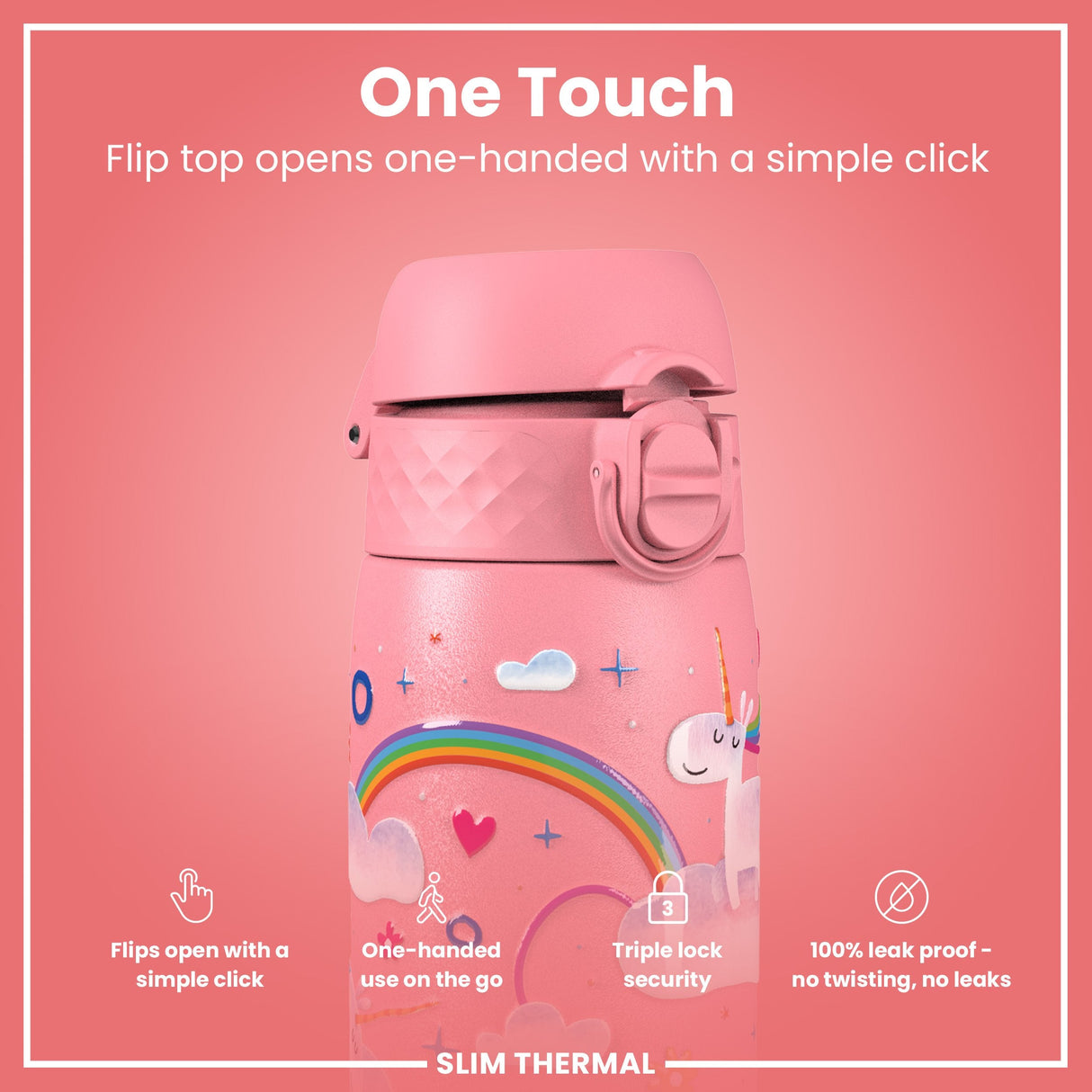 ION8 Leak Proof Slim Thermal Steel Water Bottle, Insulated, Unicorn, 500ml (17oz)