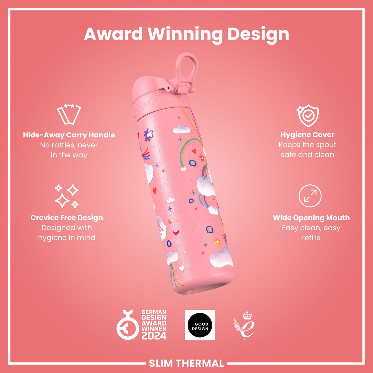 ION8 Leak Proof Slim Thermal Steel Water Bottle, Insulated, Unicorn, 500ml (17oz)