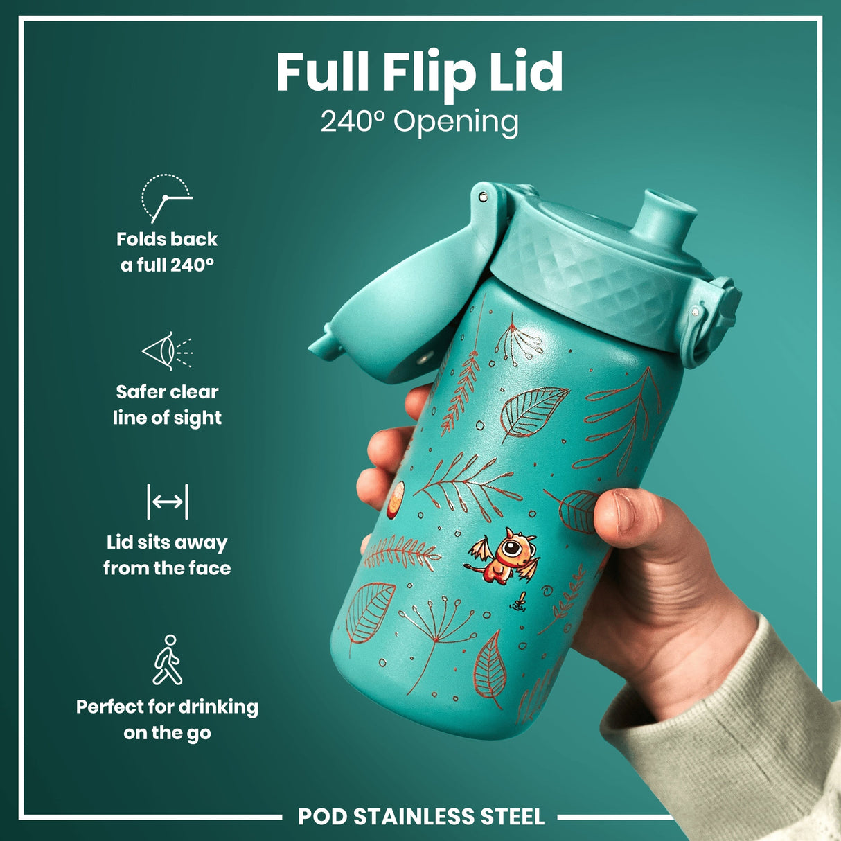 ION8 Leak Proof Kids Water Bottle, Stainless Steel, Egg to Dragon, 400ml (13oz)