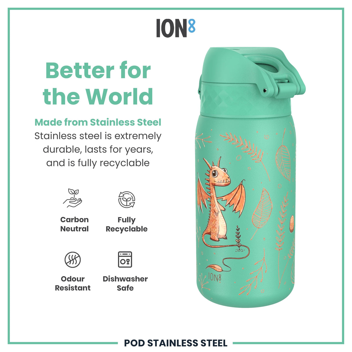 ION8 Leak Proof Kids Water Bottle, Stainless Steel, Egg to Dragon, 400ml (13oz)