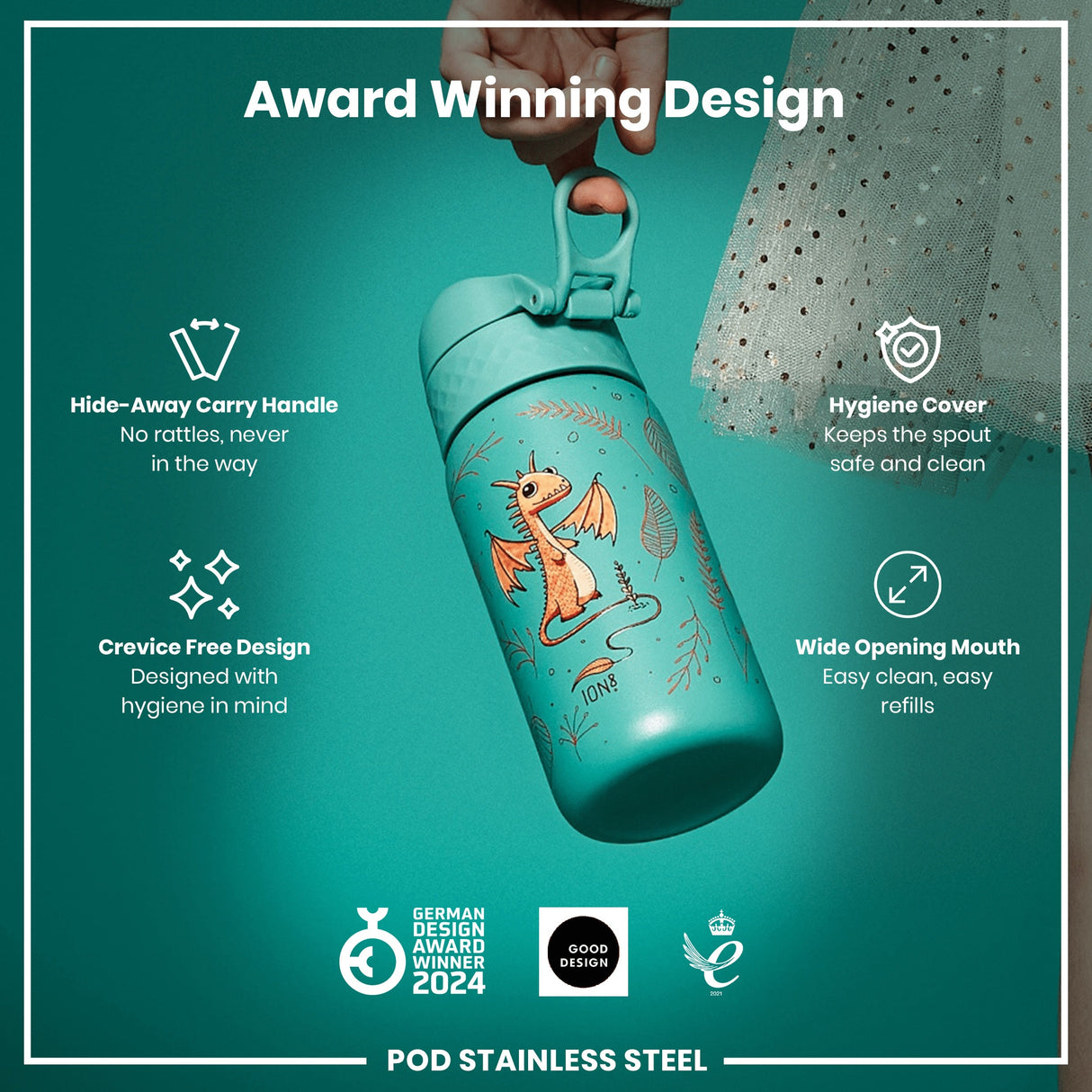 ION8 Leak Proof Kids Water Bottle, Stainless Steel, Egg to Dragon, 400ml (13oz)