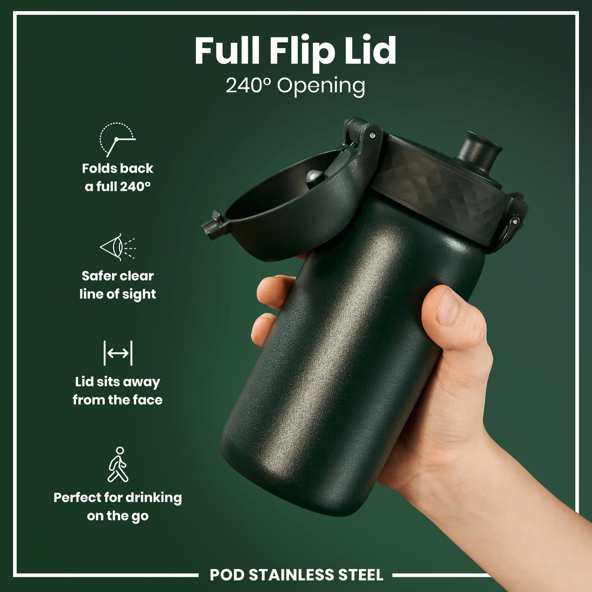 ION8 Leak Proof Kids Water Bottle, Stainless Steel, Dark Green, 400ml (13oz)