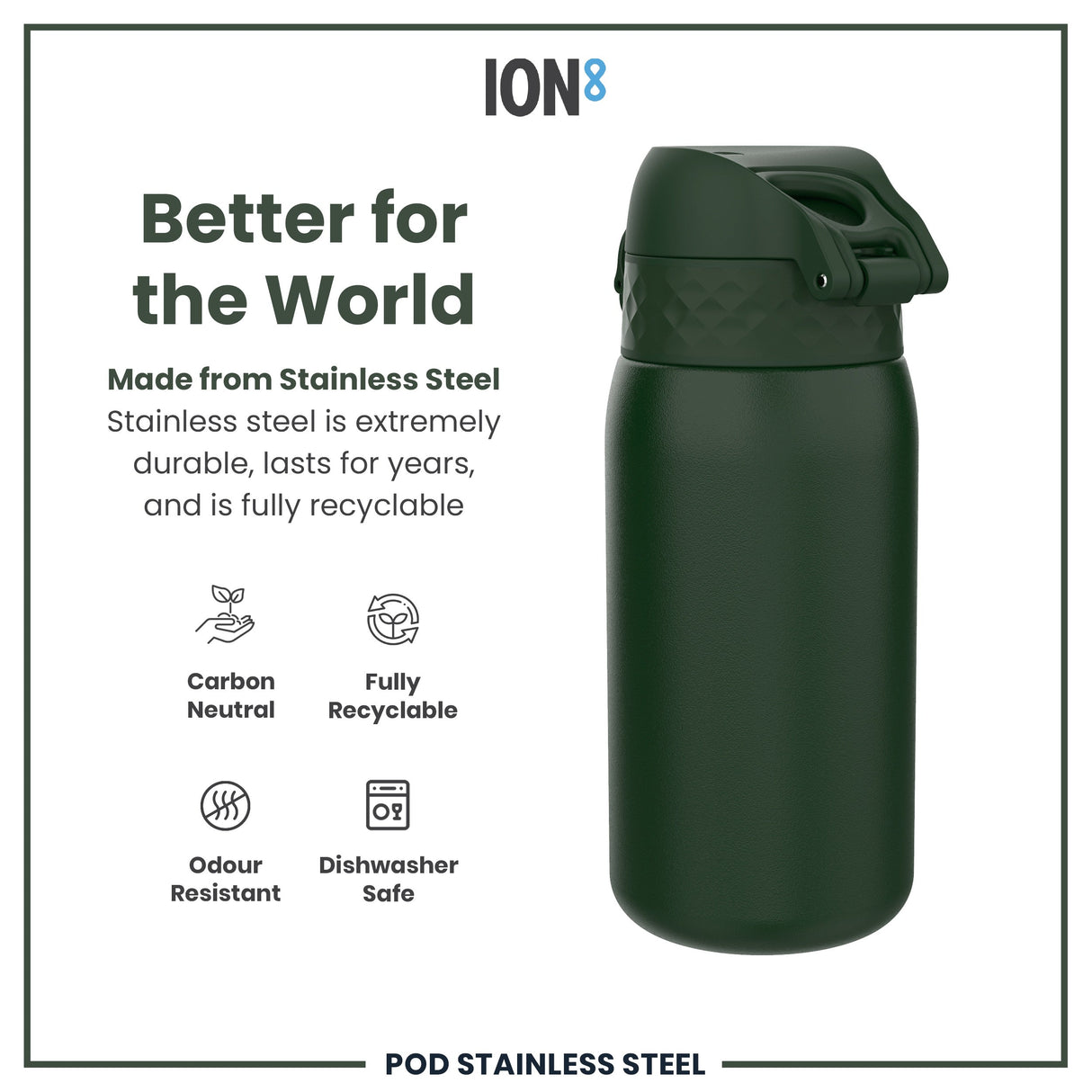 ION8 Leak Proof Kids Water Bottle, Stainless Steel, Dark Green, 400ml (13oz)