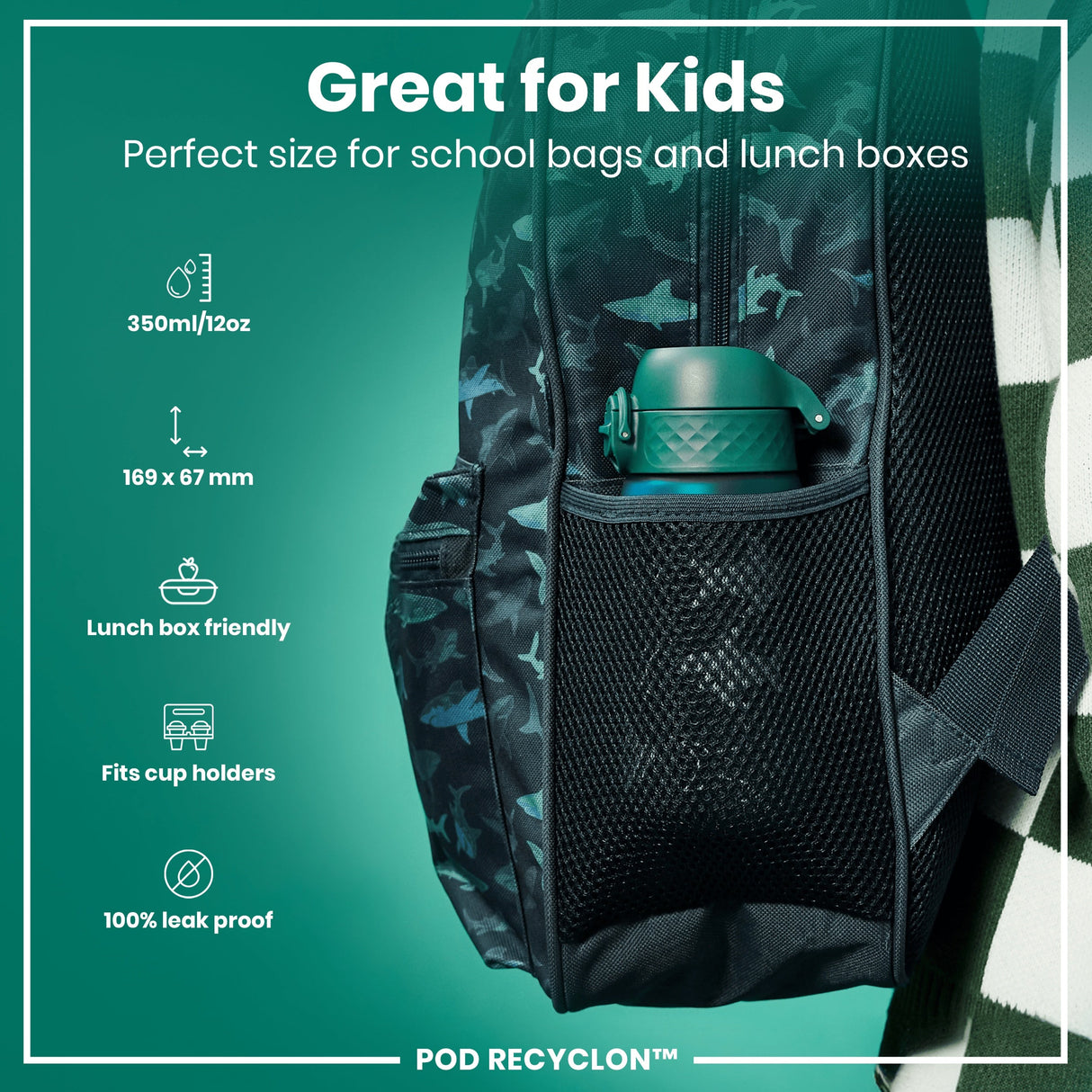 ION8 Leak Proof Kids Water Bottle, Recyclon, Shark, 350ml (12oz)