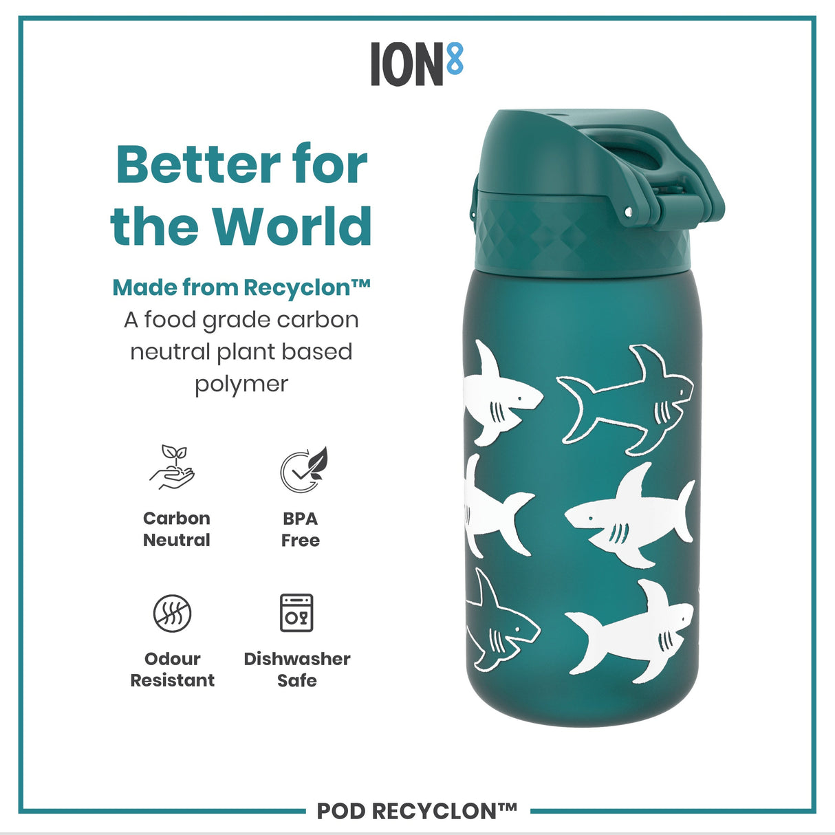 ION8 Leak Proof Kids Water Bottle, Recyclon, Shark, 350ml (12oz)