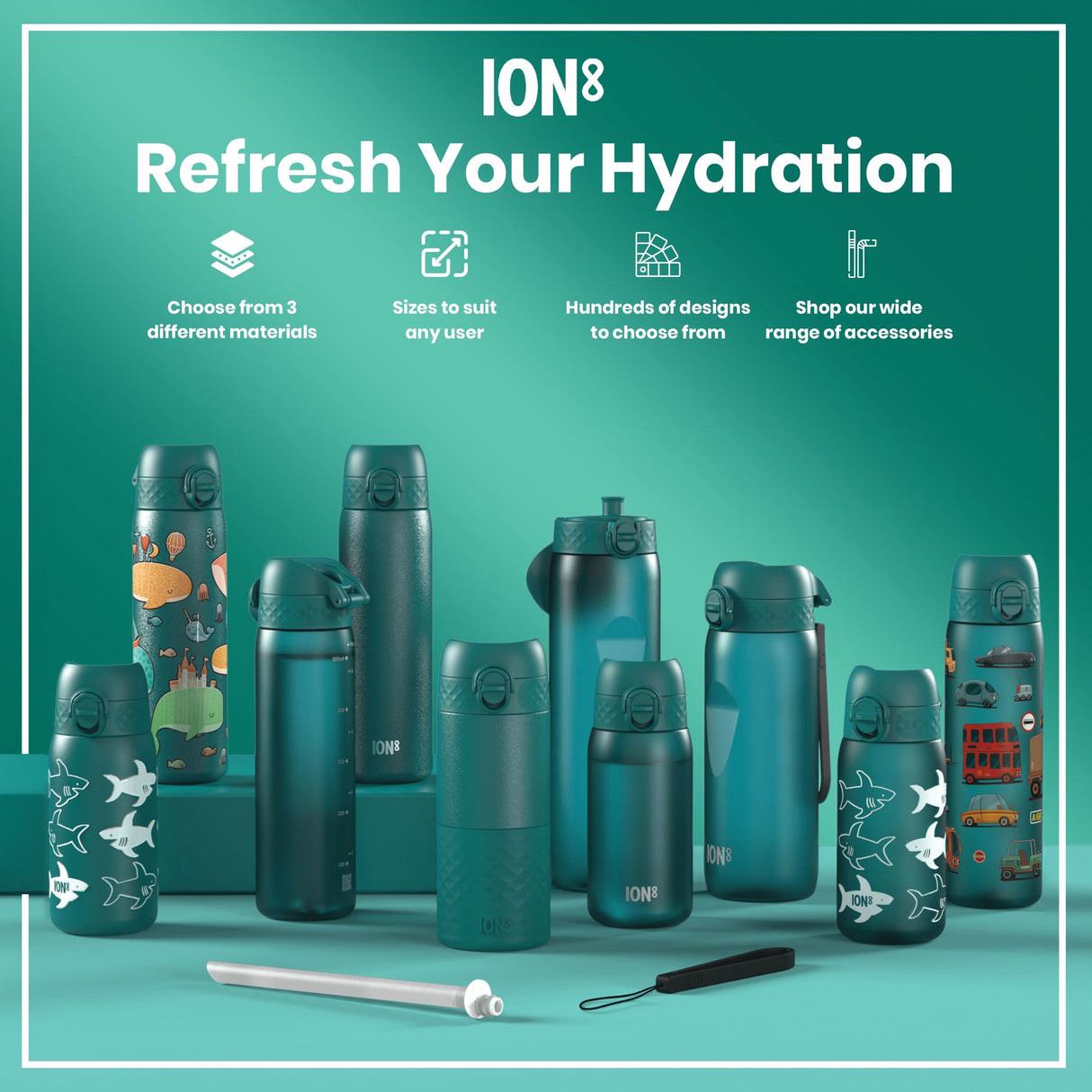 ION8 Leak Proof Kids Water Bottle, Recyclon, Shark, 350ml (12oz)