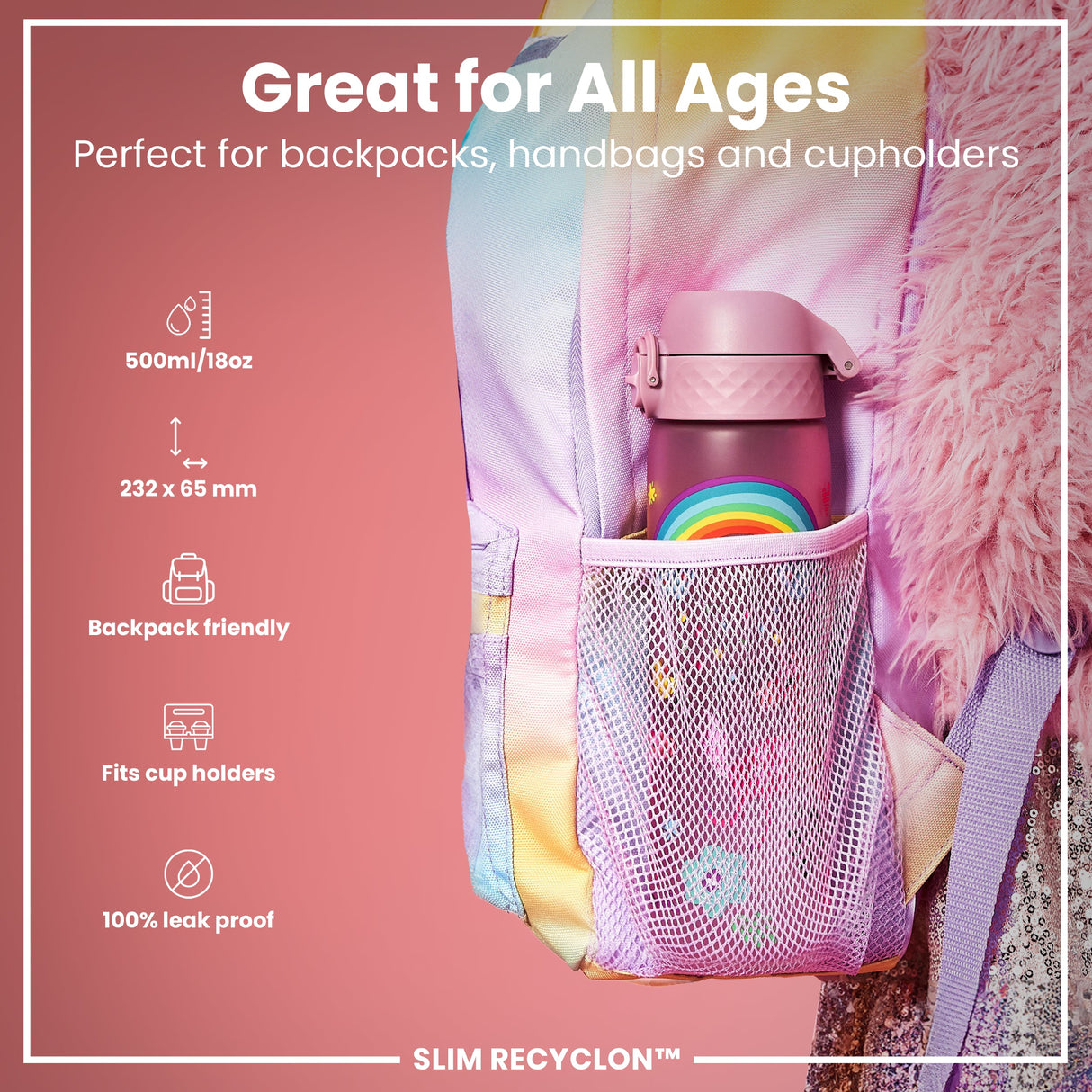 ION8 Leak Proof Slim Water Bottle, Recyclon, Unicorns, 500ml (18oz)