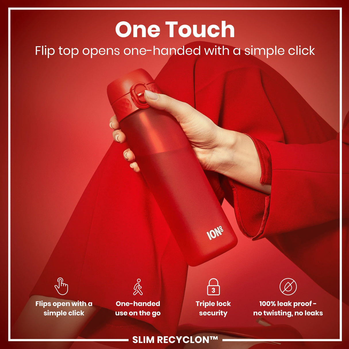 ION8 Leak Proof Slim Water Bottle, Recyclon, Red, 500ml (18oz)
