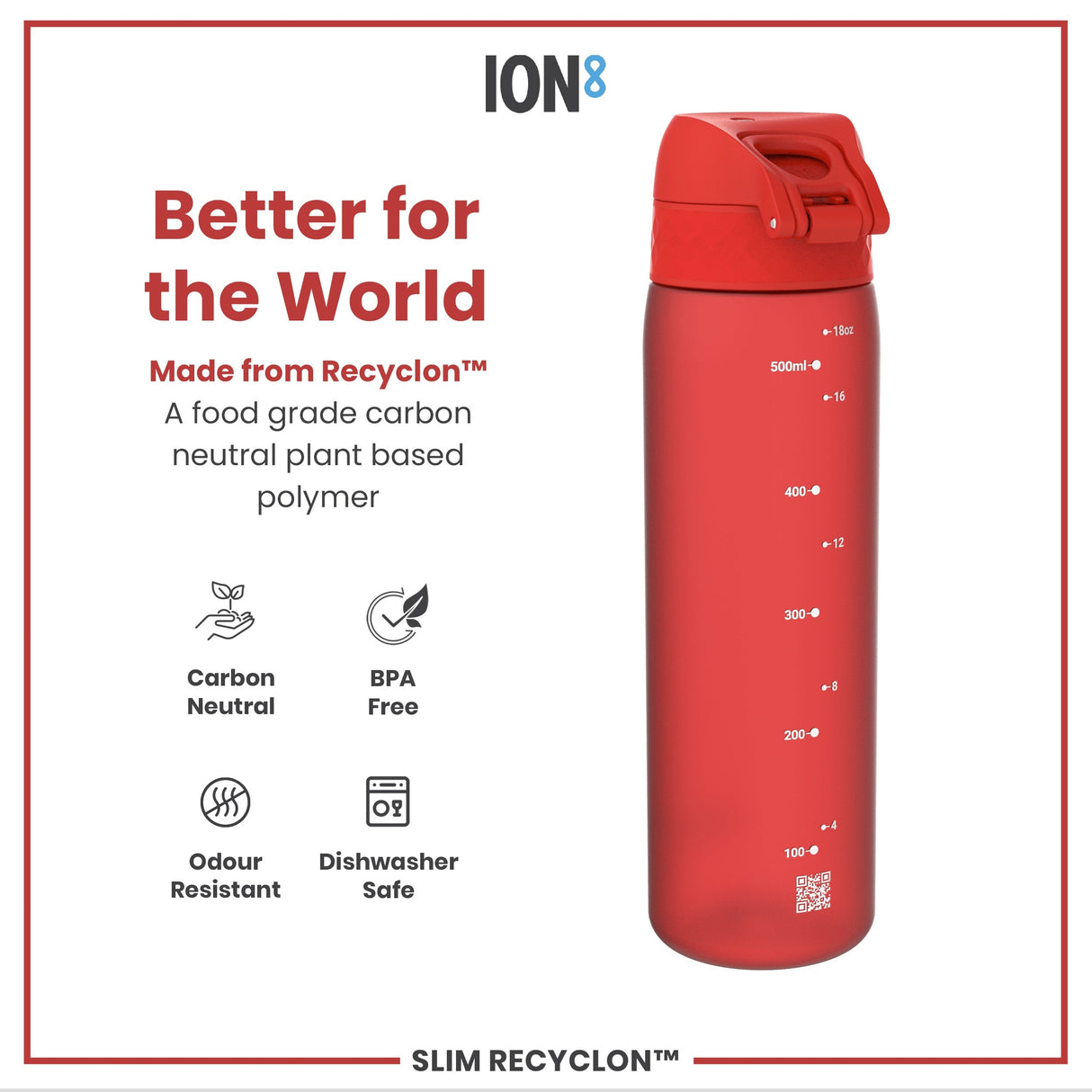 ION8 Leak Proof Slim Water Bottle, Recyclon, Red, 500ml (18oz)