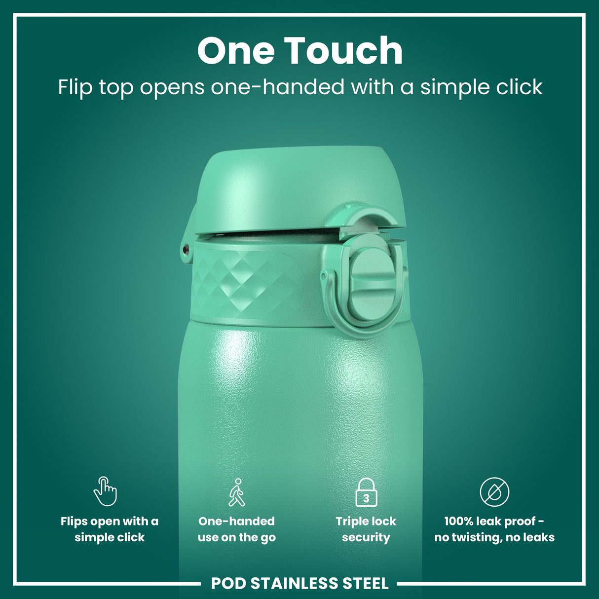 ION8 Leak Proof Kids Water Bottle, Stainless Steel, Teal, 400ml (13oz)