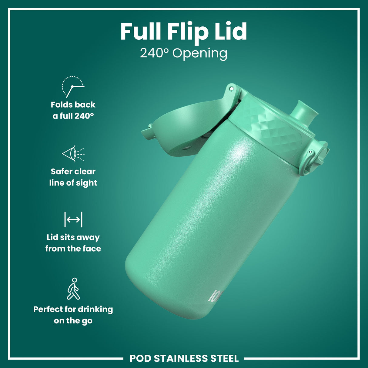 ION8 Leak Proof Kids Water Bottle, Stainless Steel, Teal, 400ml (13oz)