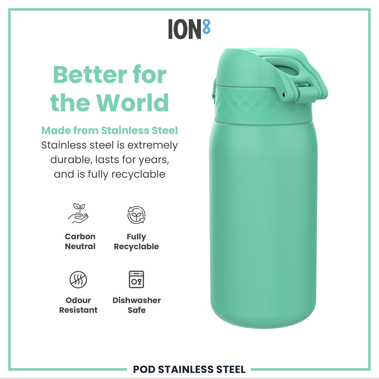 ION8 Leak Proof Kids Water Bottle, Stainless Steel, Teal, 400ml (13oz)