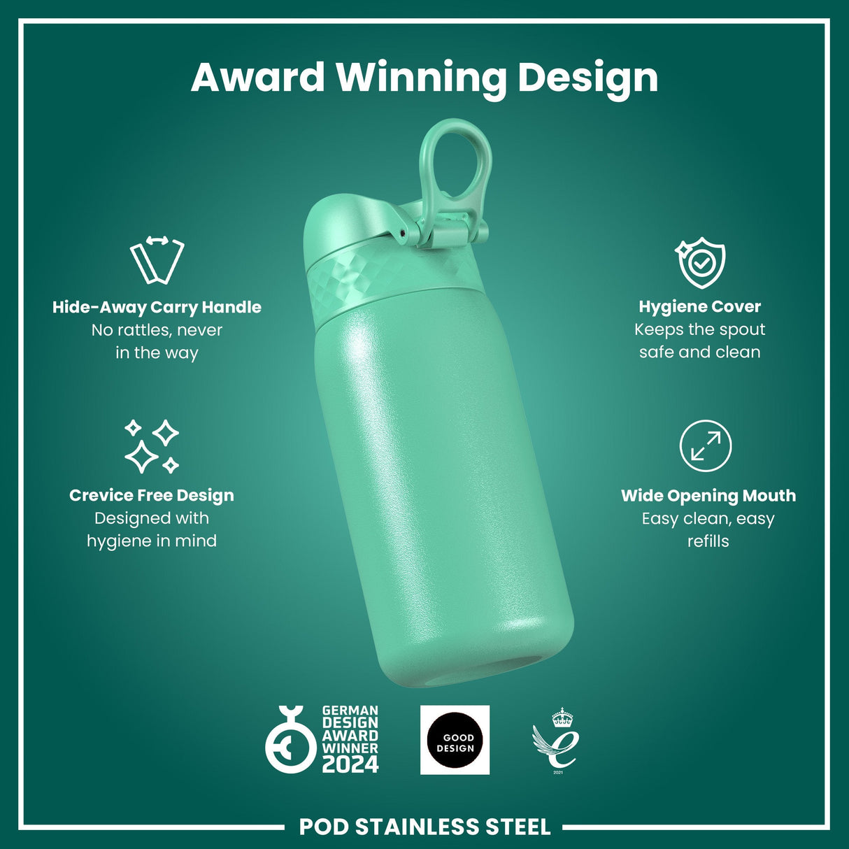 ION8 Leak Proof Kids Water Bottle, Stainless Steel, Teal, 400ml (13oz)