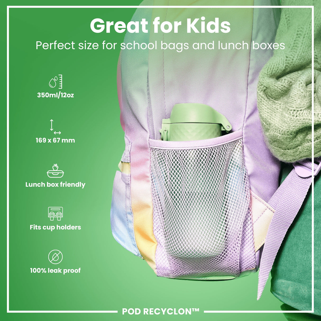 ION8 Leak Proof Kids Water Bottle, Recyclon, Surf Green, 350ml (12oz)