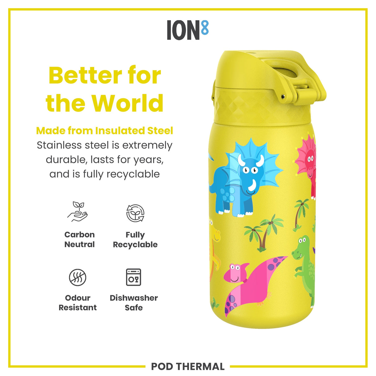 ION8 Leak Proof Thermal Steel Water Bottle, Insulated, Dinosaurs, 320ml (11oz)
