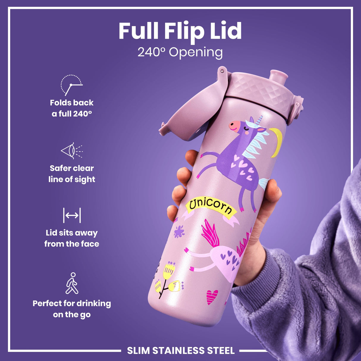 ION8 Leak Proof Slim Water Bottle, Stainless Steel, Unicorns, 600ml (20oz)