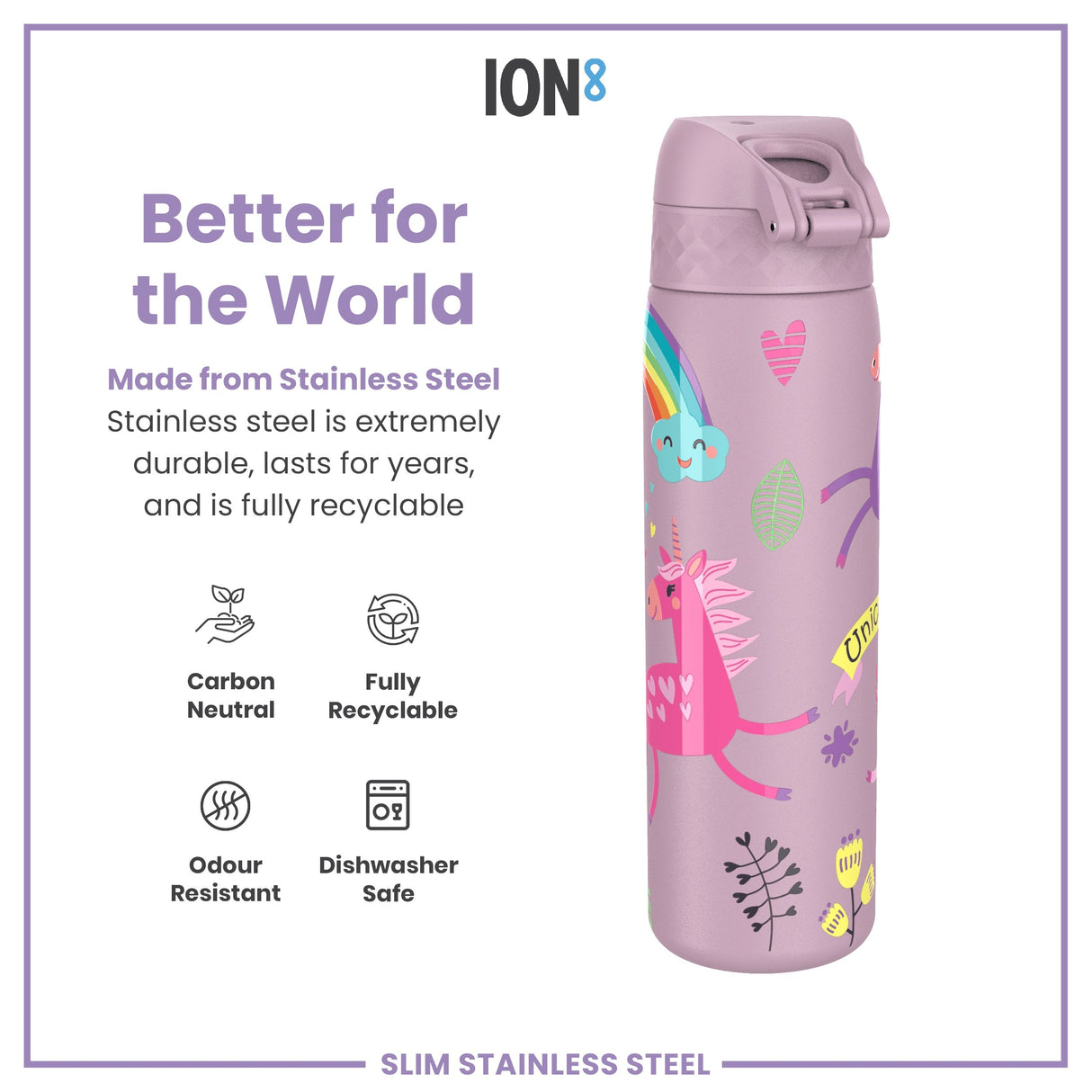 ION8 Leak Proof Slim Water Bottle, Stainless Steel, Unicorns, 600ml (20oz)