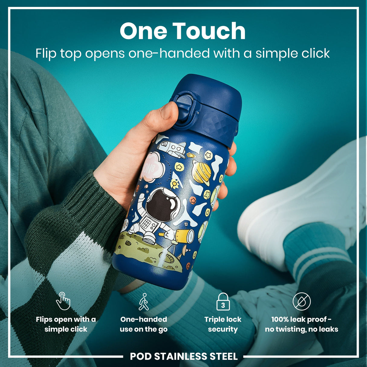 ION8 Leak Proof Kids Water Bottle, Stainless Steel, Space, 400ml (13oz)