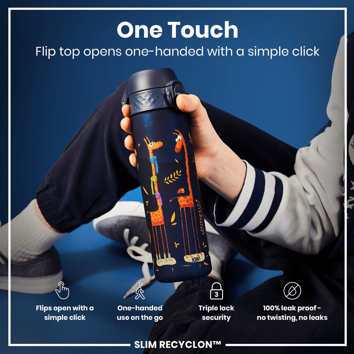 ION8 Leak Proof Slim Water Bottle, Recyclon, Giraffe, 500ml (18oz)