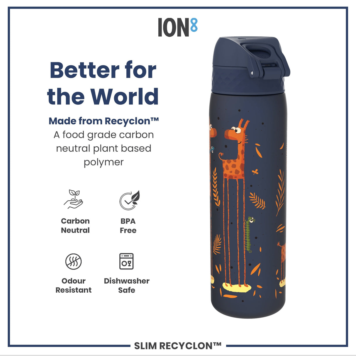 ION8 Leak Proof Slim Water Bottle, Recyclon, Giraffe, 500ml (18oz)