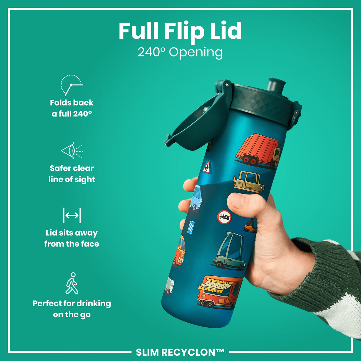 ION8 Leak Proof Slim Water Bottle, Recyclon, Automobile, 500ml (18oz)